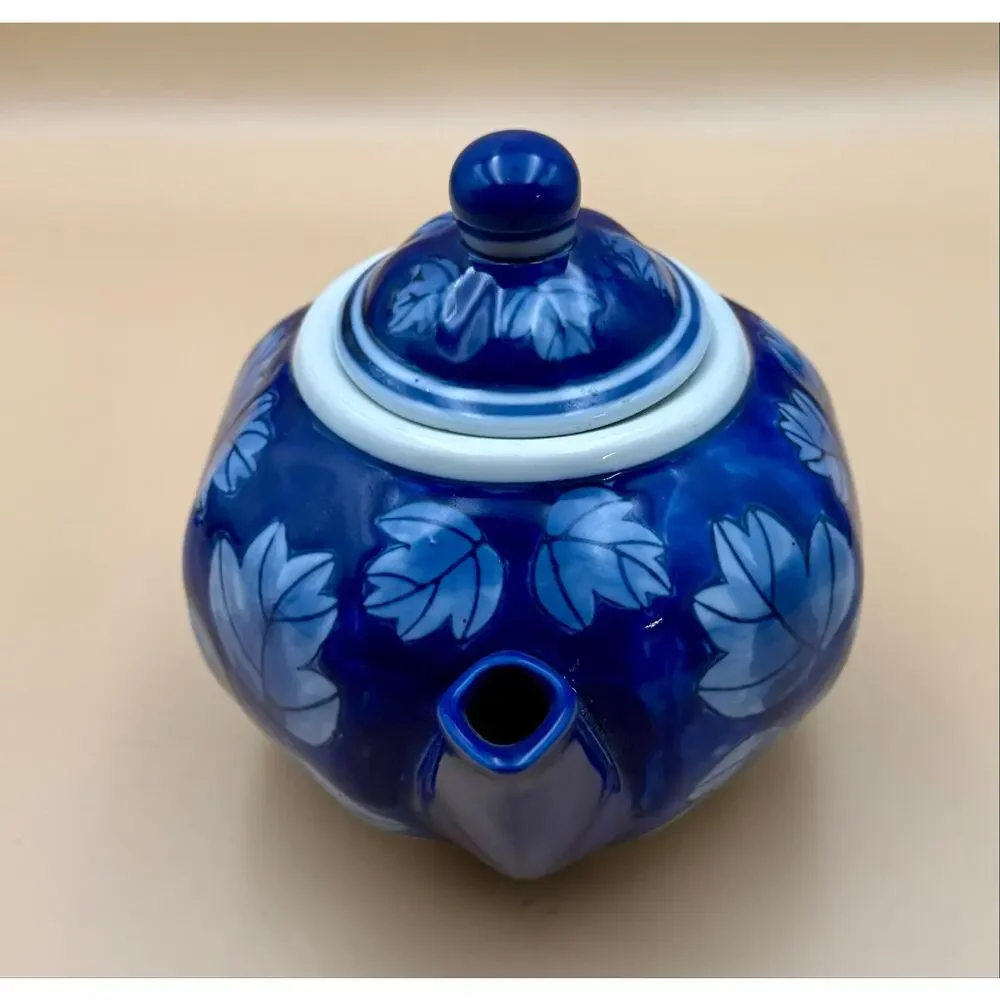 DesignPac Cobalt Blue Leaf 3-Pc Tea Set Teapot Sugar Bowl Creamer China